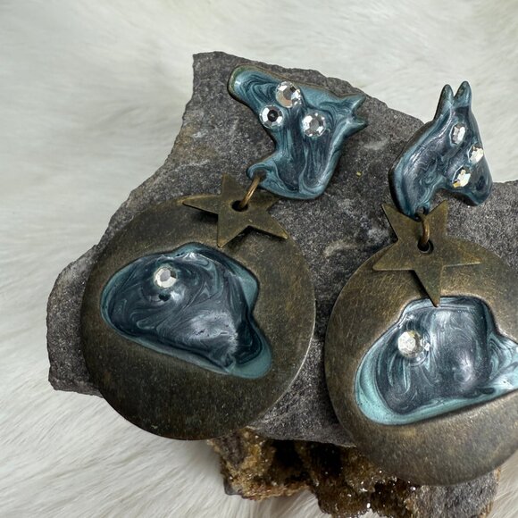 Vintage Enamel Copper Horse Cowboy Southwestern Dangle & Drop Earrings - Picture 3 of 8